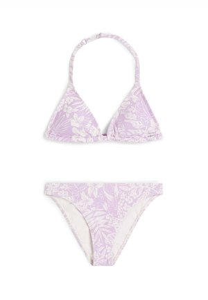 Vijolični cvetlični bikini z zgornjim delom v obliki trikotnika z nastavljivimi naramnicami in ujemajočimi se spodnjimi deli, izdelan iz gladkega blaga z mehko podlogo.