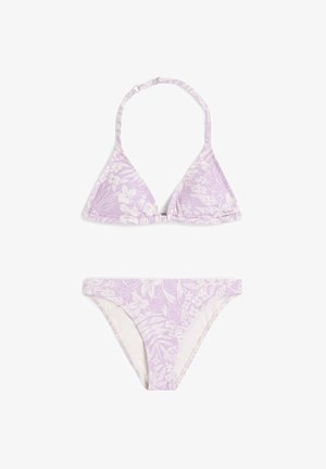 Fialové květinové bikini s trojúhelníkovým topem s nastavitelnými ramínky a sladěnými kalhotkami, vyrobené z hladké tkaniny s jemnou podšívkou.