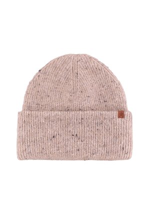 Gebreide beanie in een lichte beige kleur met gestructureerde textuur. Bevat een omgeslagen rand en een klein leren label aan de zijkant.