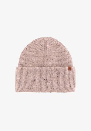 Gebreide beanie in een lichte beige kleur met gestructureerde textuur. Bevat een omgeslagen rand en een klein leren label aan de zijkant.