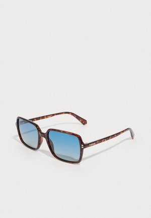 Ochelari de soare cu un design pătrat din folie de țestoasă și lentile cu degradé albastru. Accentuate cu detalii metalice lustruite ale logo-ului pe braț.