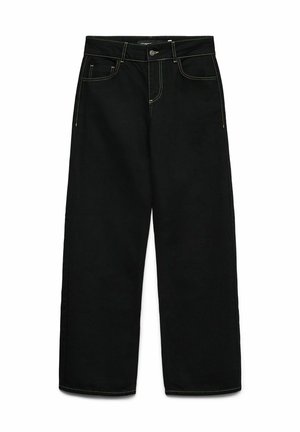 Zwarte wijde jeans gemaakt van denim hebben contrasterende gele stiksels, een knoopsluiting aan de voorkant en vier zakken. Gladde textuur en casual ontwerp.