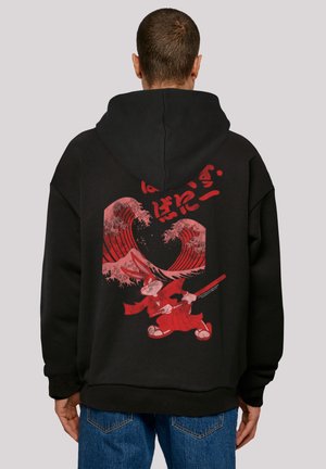 Black hoodie featuring a bold red graphic of a character with waves and a sword. Made of soft cotton blend, showcasing a relaxed fit.