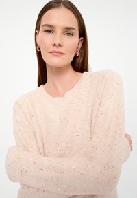 Maglione rosa chiaro con scollatura rotonda e paillettes dorate sparse. Texture morbida, maniche lunghe, vestibilità comoda.