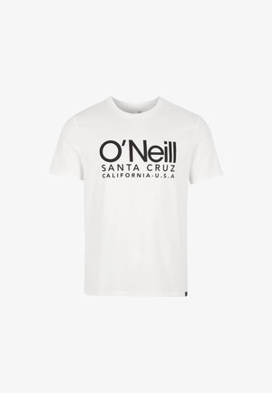 Witte katoenen t-shirt met een groot zwart gedrukt logo met "O'Neill" en "SANTA CRUZ CALIFORNIA-U.S.A." op de voorkant. Korte mouwen.