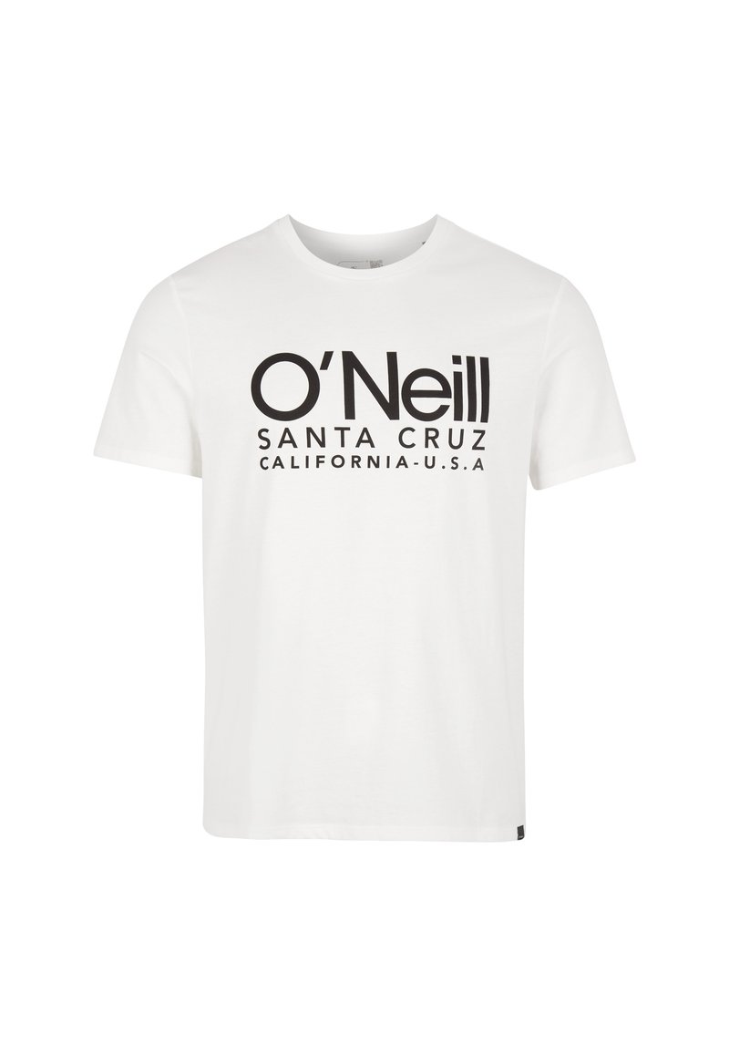 Camiseta de algodón blanca con un gran logo impreso en negro que lleva "O'Neill" y "SANTA CRUZ CALIFORNIA-E.E.U.U." en la parte frontal. Mangas cortas.