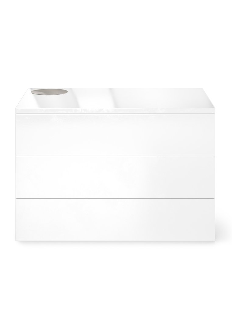 White modern three-drawer cabinet with smooth glossy finish and round metallic handle inset on top left corner.