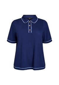 Námornícky modrá polo košeľa s golierom, krátkymi rukávmi a svetlomodrým lemovaním. Obsahuje tri zlaté gombíky na výstrihu. Mäkkučký materiál.