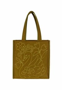 Borsa a tracolla in tessuto verde oliva con ricamo giallo raffigurante un cigno, fiori e la scritta "Lily". La borsa ha due manici e una forma rettangolare.