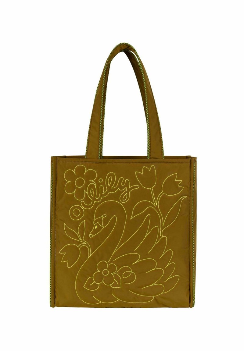 Borsa a tracolla in tessuto verde oliva con ricamo giallo raffigurante un cigno, fiori e la scritta "Lily". La borsa ha due manici e una forma rettangolare.