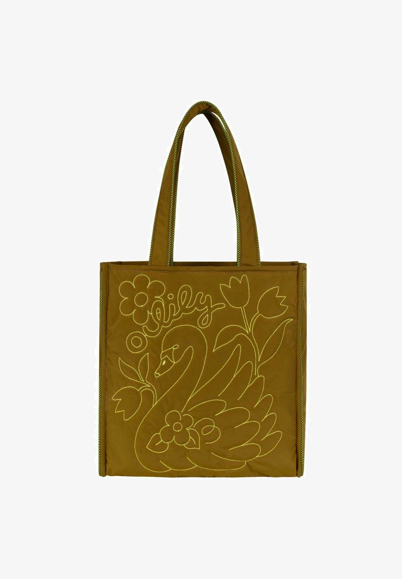 Draagtas van olijfgroen stof met gele borduring van een zwaan, bloemen en de tekst "Lily". De tas heeft twee handvatten en een rechthoekige vorm.