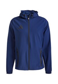 Blauwe sportjack met een capuchon, zwarte ritszakken en zwart logo. Gladde stof met elastische manchetten en een verstelbare trekkoordcapuchon.