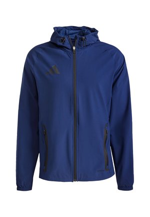 Blaues Sportjacke mit Kapuze, schwarzen Reißverschlusstaschen und schwarzem Logo. Glattes Material mit elastischen Bündchen und verstellbarem Kordelzug an der Kapuze.