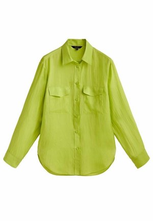 Chemise vert citron à manches longues avec boutons, deux poches poitrine et col classique, en tissu léger.