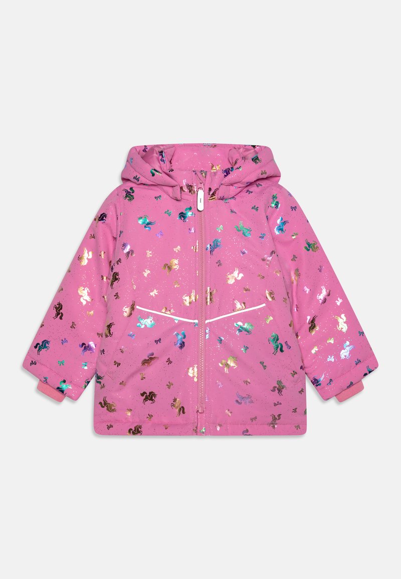 Rozā pūkaina jaka ar kapuci, kurai ir krāsaini, spīguļojoši vienradžu raksti un divas priekšējās kabatas ar atstarojošu apdari. Gluda tekstūra.