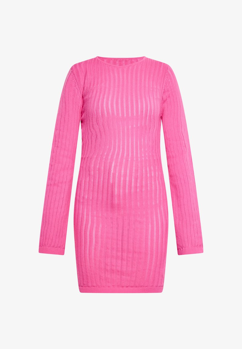 Vestito maglione rosa a maglia con maniche lunghe, caratterizzato da una texture a coste e un collo rotondo, progettato per una silhouette aderente.