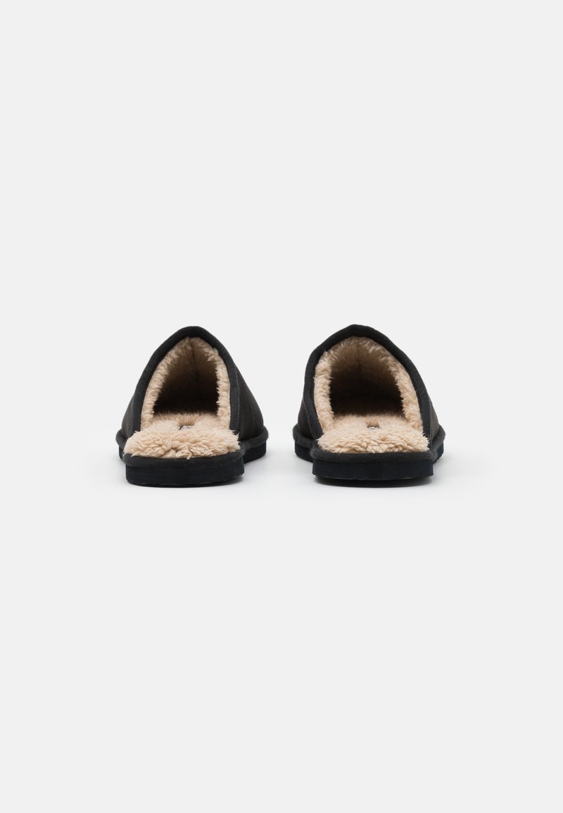 Scarpe slip-on nere con una morbida fodera in pelliccia beige. Presentano un design semplice, punta rotonda e suola piatta in gomma. Dettagli hardware minimi.