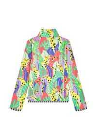 Farverig zip-up jakke med et abstrakt blomster- og dyremotiv i grøn, pink, gul og lilla. Sorte og hvide stribede manchetter og kant.