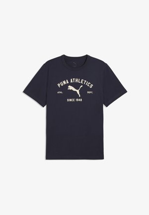 Marineblå bomuld t-shirt med korte ærmer, rund halsudskæring og en frontgrafik med "PUMA ATHLETICS" og et springende puma-design.