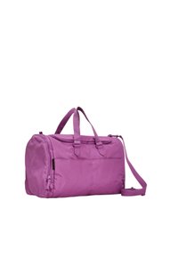 Borse a cubo viola con texture in tessuto, due manici superiori e una tracolla removibile. Presenta una chiusura con zip e una tasca laterale.