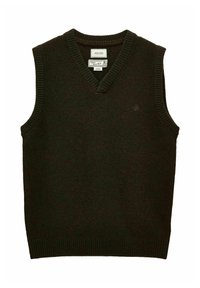 Tmavohnedý pletený bezrukávový pulóver s výstrihom do V a rebrovanými okrajmi, stredná veľkosť, značka Joules, látka bohatá na vlnu.