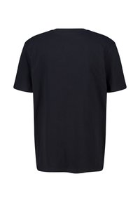 Camiseta de algodón negra con mangas cortas, cuello redondo y un corte relajado. Textura suave, sin patrones o acentos visibles. Vista trasera mostrada.