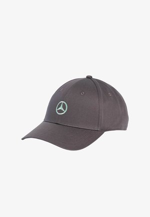 Cappello in cotone grigio con visiera curva, decorato con il logo Mercedes-Benz di colore verde chiaro ricamato sul davanti. Design semplice e strutturato.