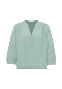 Blouse vert clair texturée avec manches ballon trois quarts et col en V fendu, coupe décontractée.