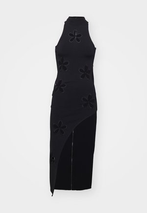 Black sleeveless dress with a high neck, featuring embossed flower patterns and an asymmetrical hem with a side zipper.
