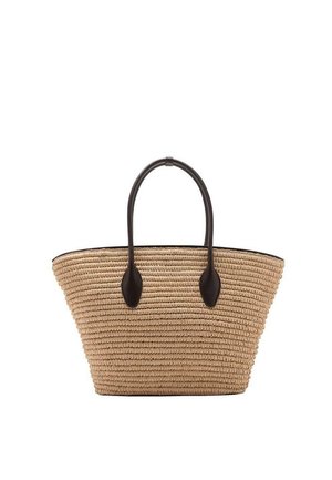 Borsa tote in paglia intrecciata con base ampia, parte superiore a forma conica e due sottili manici in pelle marrone scuro.
