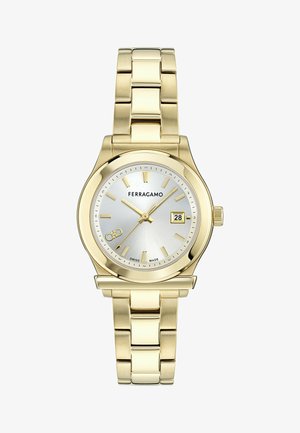 Hodinky Ferragamo s pozláteným púzdrom, strieborným ciferníkom, zlatými ukazovateľmi, dátumom na pozícii 3 hodín a kovovým náramkom so spojmi.