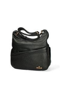 Borsa a tracolla in pelle nera con finitura testurizzata, dotata di tracolla removibile, una tasca frontale con zip e un accento con logo sulla parte anteriore.