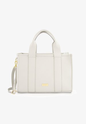 Struktureret grå lædertaske med to top-håndtag, aftagelig skulderrem og et gyldent logo-accent på fronten. Struktureret overflade.