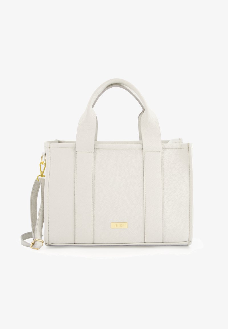 Structured grey leather handbag with dual top handles, detachable shoulder strap, and a gold logo accent on the front. Textured surface.