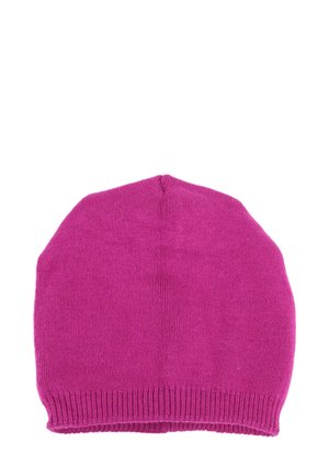 Berretto lavorato a maglia di un vivace rosa, caratterizzato da una texture morbida, un top arrotondato e un bordo a costine per una vestibilità aderente. Nessun motivo o hardware visibile.