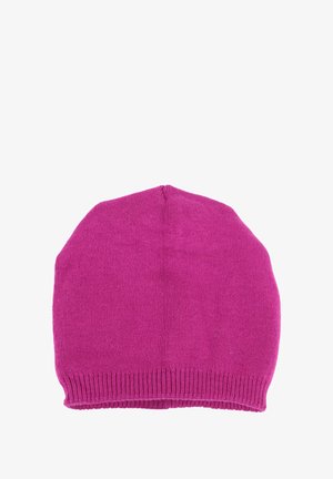 Berretto lavorato a maglia di un vivace rosa, caratterizzato da una texture morbida, un top arrotondato e un bordo a costine per una vestibilità aderente. Nessun motivo o hardware visibile.
