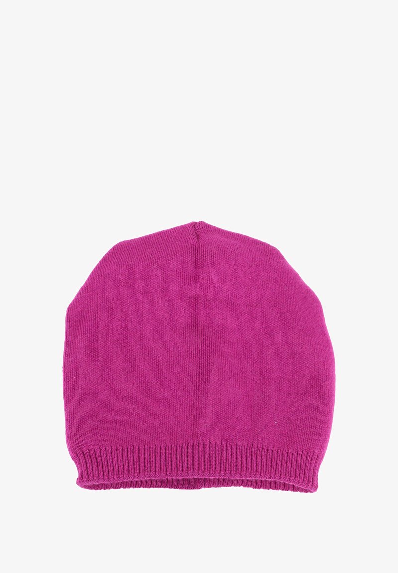 Berretto lavorato a maglia di un vivace rosa, caratterizzato da una texture morbida, un top arrotondato e un bordo a costine per una vestibilità aderente. Nessun motivo o hardware visibile.