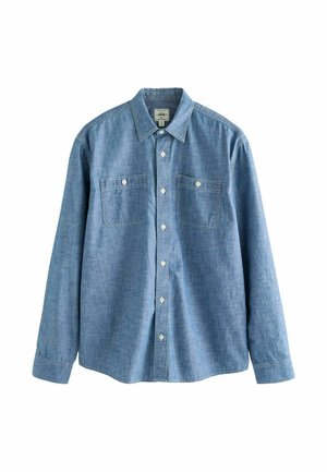 Ljusblå långärmad skjorta i denimtyg, med krage som knäpps, två bröstfickor och knäppning framtill.