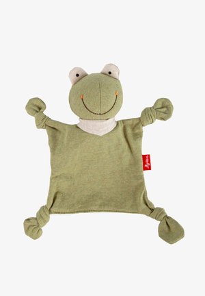 Green frog-shaped plush comforter with a smiling face, soft fabric, knotted limbs, and a red tag. Approximate square shape with textured surface.