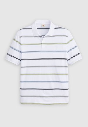 Biała koszulka polo w poziome paski w kolorach niebieskim, zielonym, czarnym i szarym. Posiada klasyczny kołnierzyk i krótkie rękawy. Wykonana z miękkiego materiału.