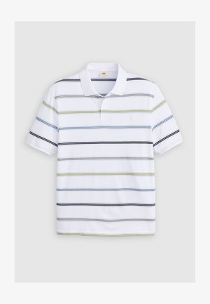 Biała koszulka polo w poziome paski w kolorach niebieskim, zielonym, czarnym i szarym. Posiada klasyczny kołnierzyk i krótkie rękawy. Wykonana z miękkiego materiału.