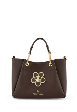 Borsa a mano in pelle marrone scuro con manici dorati, logo a forma di fiore oro e nero e "braccialini" scritto in oro sul davanti.