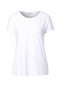 Weißes T-Shirt mit kurzen Ärmeln und rundem Ausschnitt. Aus glattem, leichtem Stoff ohne Muster oder Akzente. Lockere Passform.