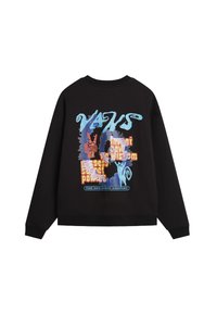 Sudadera negra con un gran gráfico colorido en la parte trasera que incluye texto y diseños estilizados. Material de algodón con un corte relajado.