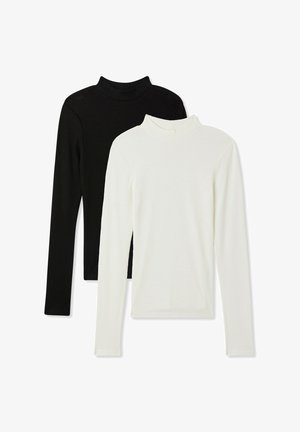 Dwie bluzki z długim rękawem typu golf: jedna czarna, a druga biała. Obie są prążkowane, mają dopasowany krój i wysoki dekolt, wykonane z elastycznego materiału.