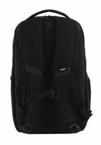Sac à dos noir avec des bretelles rembourrées et en mesh, une poignée supérieure et des boucles ajustables. Présente un design rectangulaire élégant et une texture lisse.