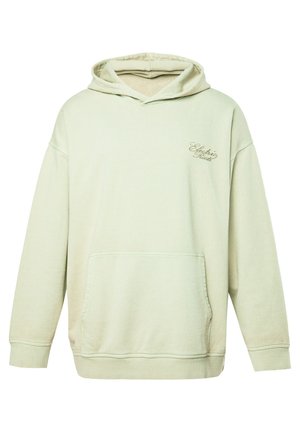 Hellbeiges Kapuzensweatshirt mit einer vorderen Kängurutasche und kleinem "Electric Roots" Schriftzug auf der oberen linken Brustseite.
