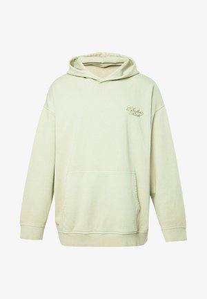 Hellbeiges Kapuzensweatshirt mit einer vorderen Kängurutasche und kleinem "Electric Roots" Schriftzug auf der oberen linken Brustseite.