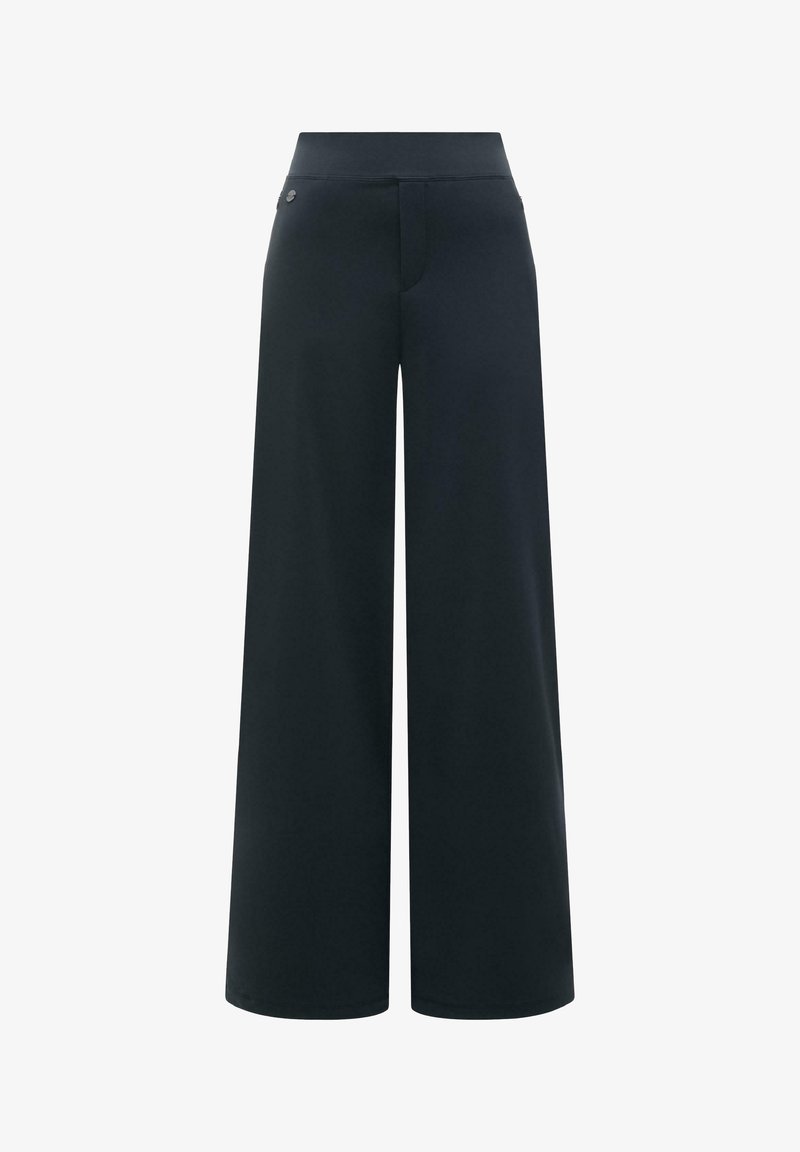 Pantalon noir taille haute à jambes larges, devant lisse, détail de bouton sur le côté, sans poches ni motifs visibles.