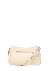 Borsa a tracolla in pelle crema con finitura testurizzata, dotata di una tasca frontale con zip e di una tracolla regolabile per maggiore comodità.